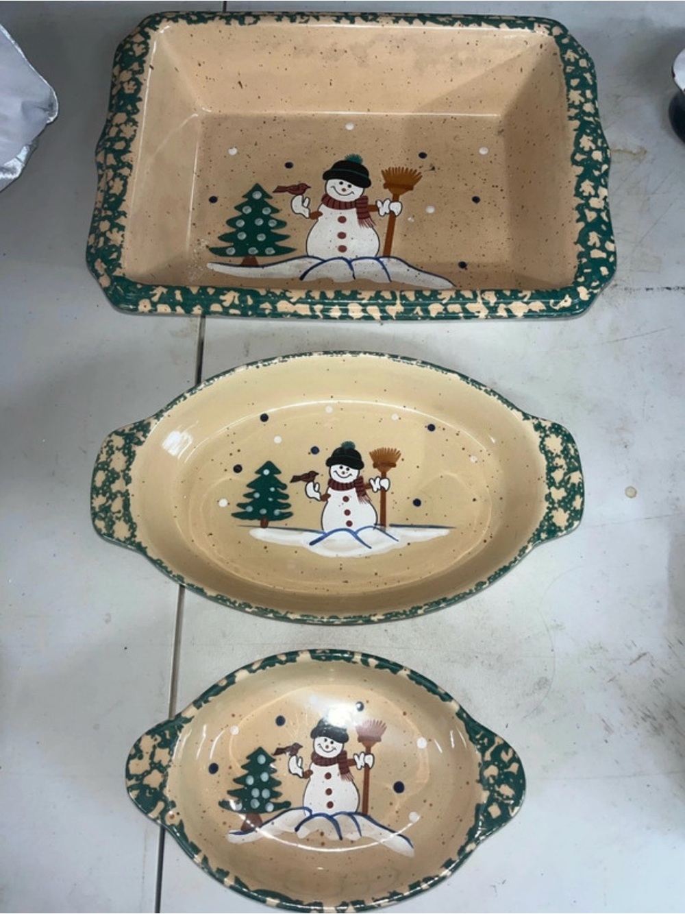 Cream and Green Snowman Holiday Ceramic Bakeware Set